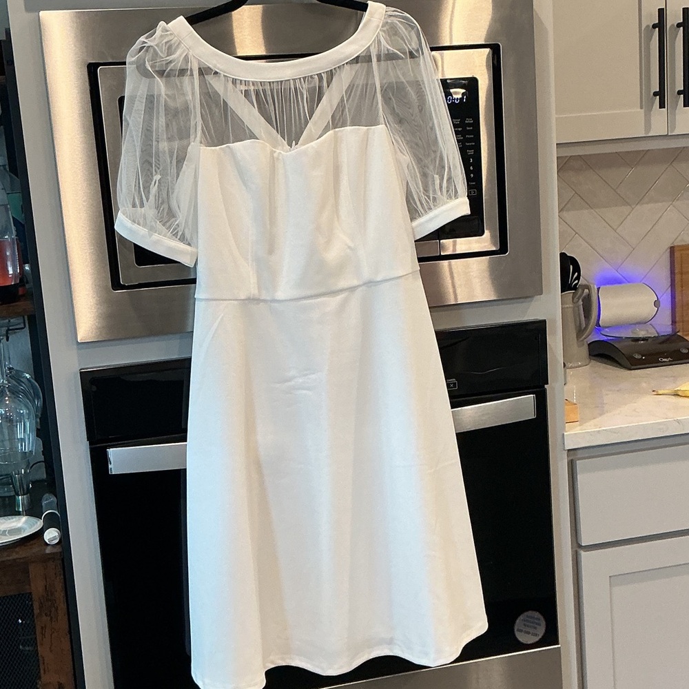 Maggy London White Mini Dress with Sheer Sleeves